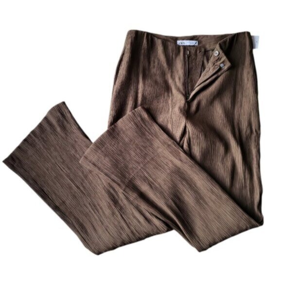Zara High Waist Flared Leg Crinkle Pants Tall Size Medium - Picture 8 of 9